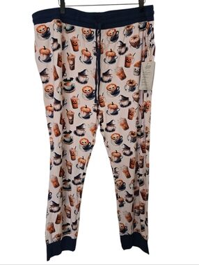 NWT Halloween Coffee & Pumpkin Print Lounge Pants - Pink & Navy Size Xxl